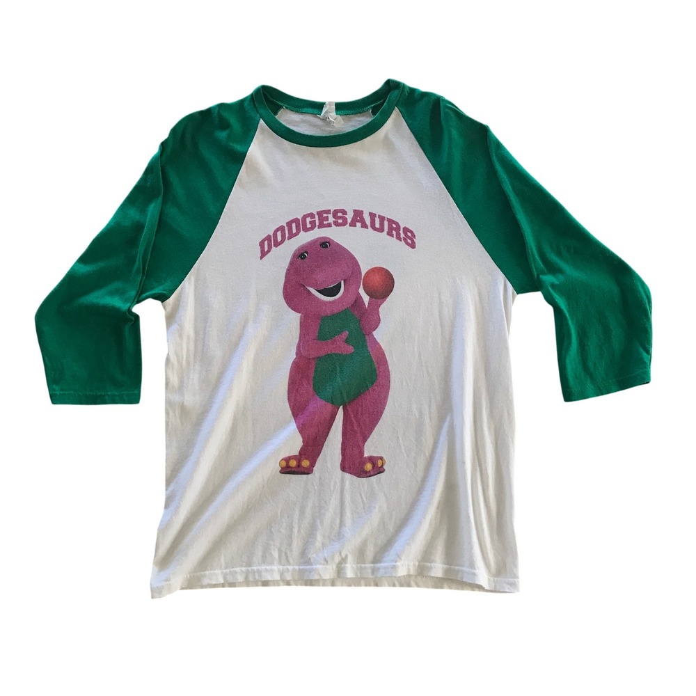 Anvil Barney Dodgesaurs Cringequeen 18 Raglan Baseball Tee Green White Medium